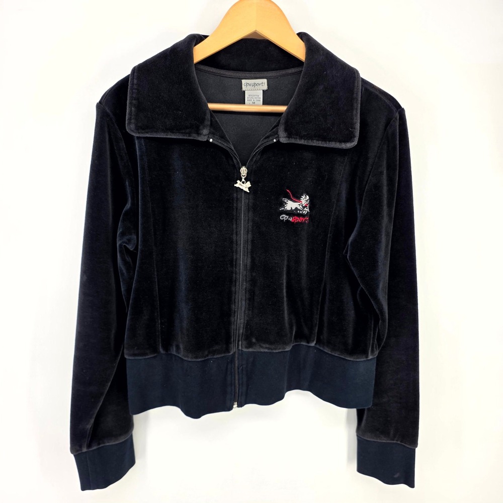 CPW Sport! Velour Zip Up Jacket Womens Medium Black Dog Embroidery Y2K Retro